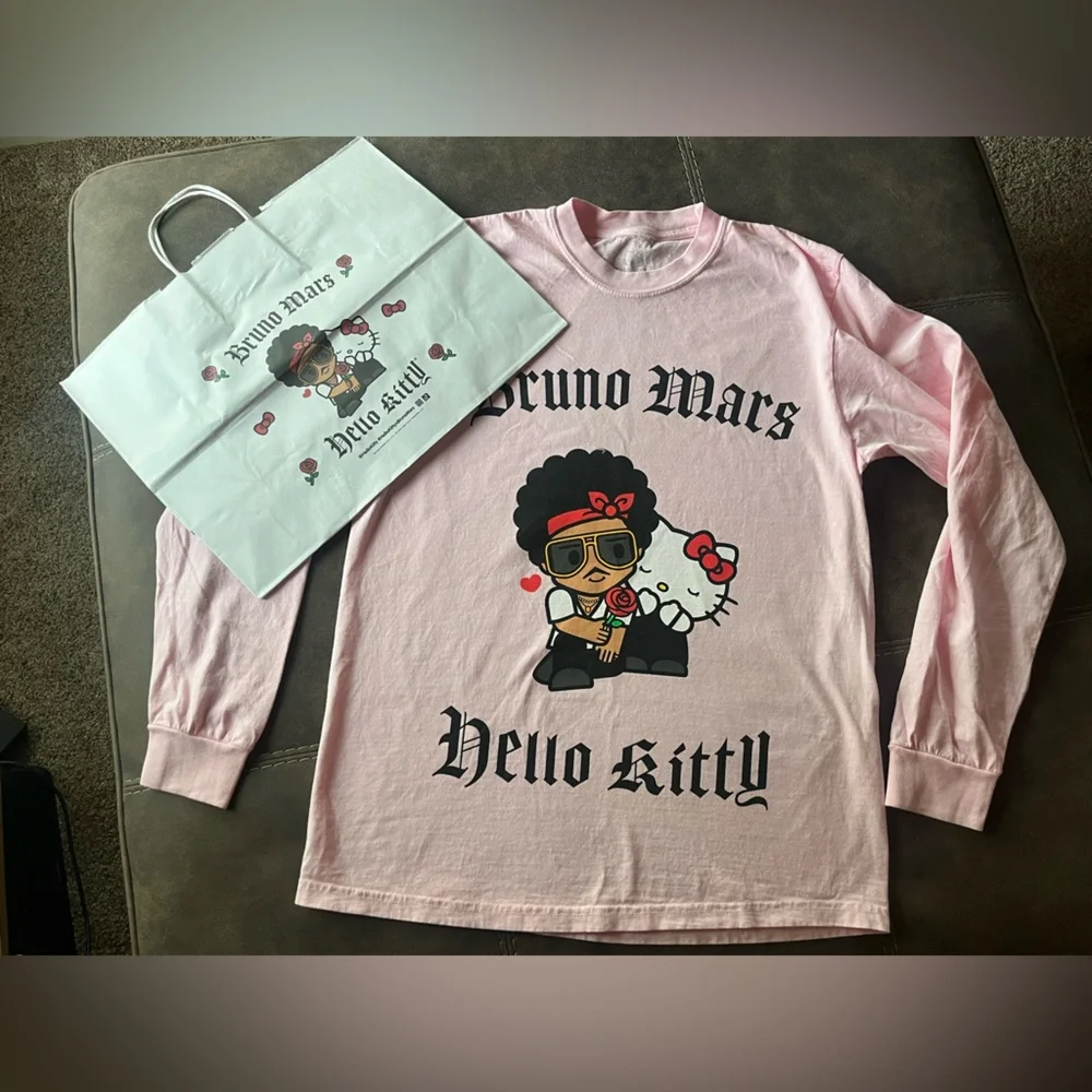 Official Bruno Mars x Hello Kitty Pink Long Sleeve Tee with Bruno Mars Graphic - Picture 3 of 4